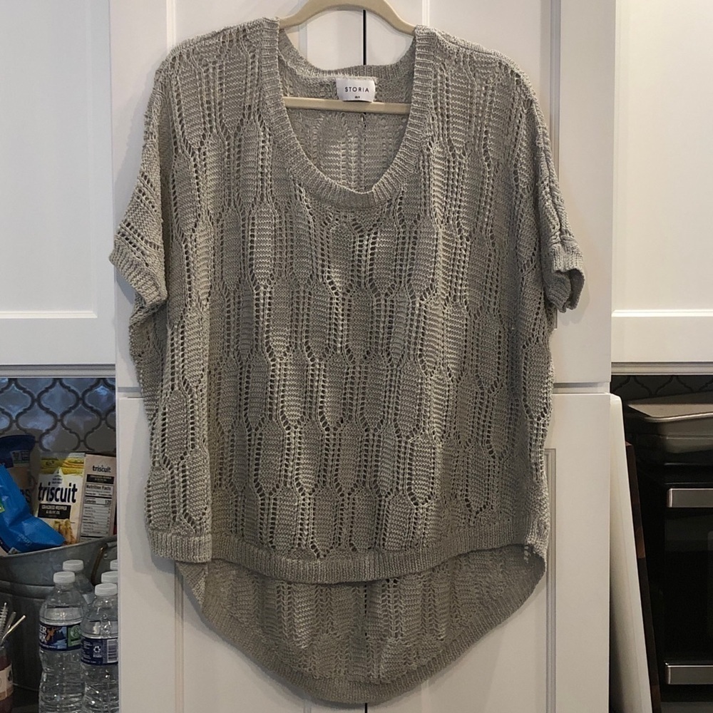 Storia Gray Pointelle Oversized Short Sleeve Sweater S Boho Crochet Fairy Layer
